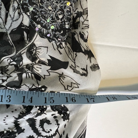 Vintage Sheer Asymmetrical Hem Black and White Beaded Midi Dress Size Medium - Picture 12 of 12